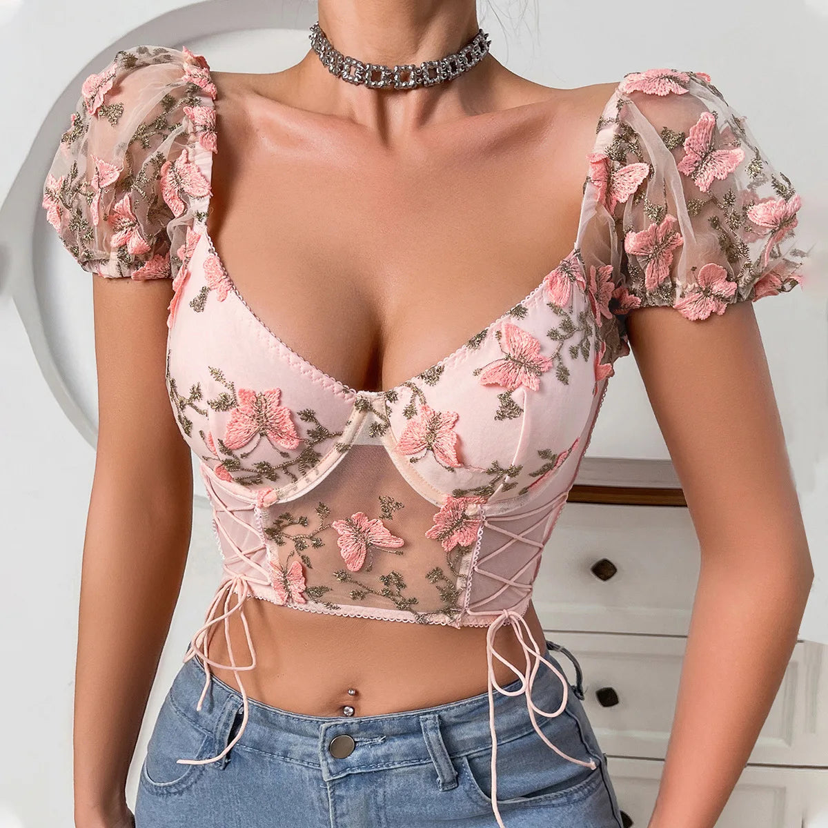 Women Sexy Sheer Lace-Up Puff Sleeves Floral Embroidery Two Piece Set