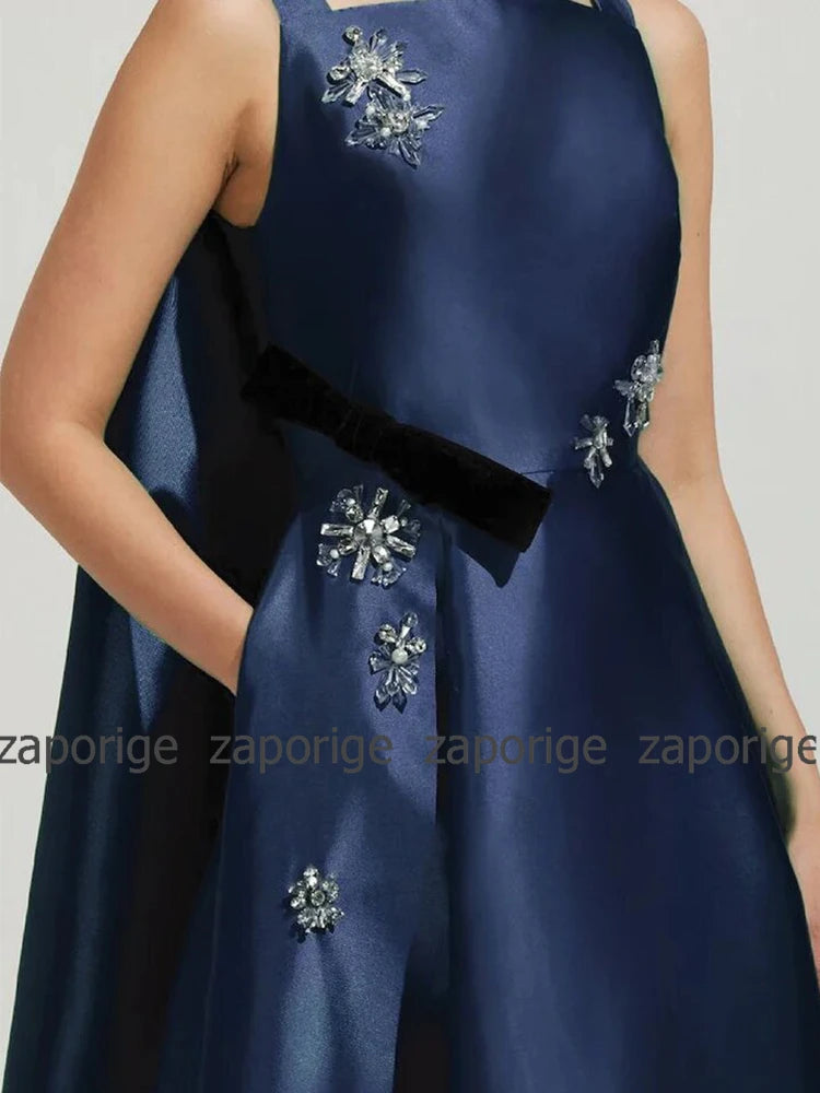 Elegant Luxury Evening Satin Bow Rhinestone Long Dress