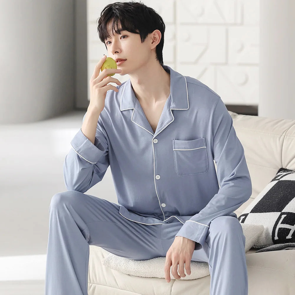 Autumn Men's Pajamas Sets Long Sleeve Modal Cotton Thin Teenage Boys' Large Size Spring Outwear Home Cloth Suit Sleepwear Male