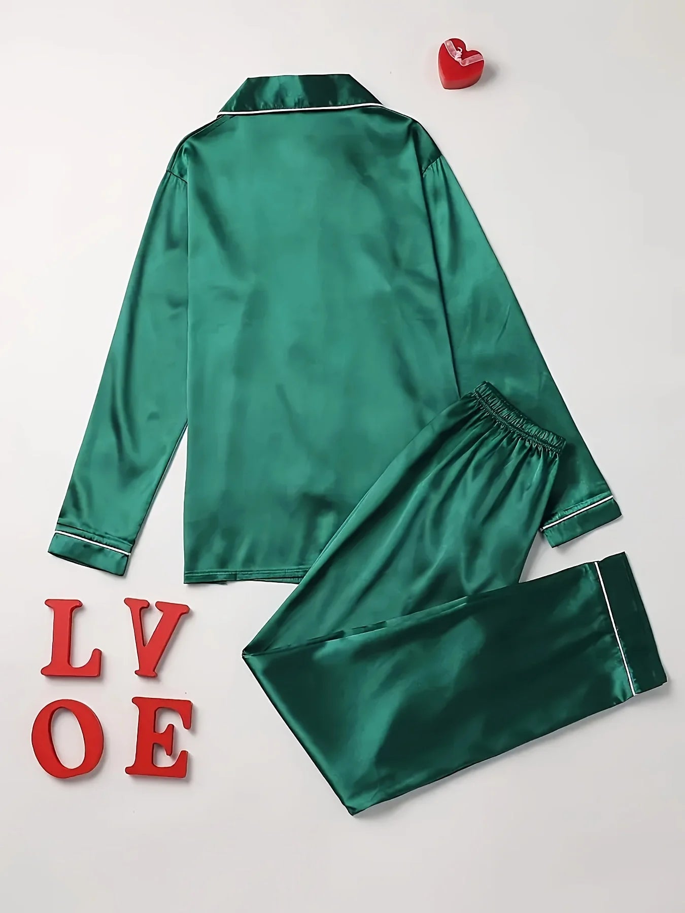 Women Solid Pajama Set Long Sleeve Button Up Lapel Top & Pants