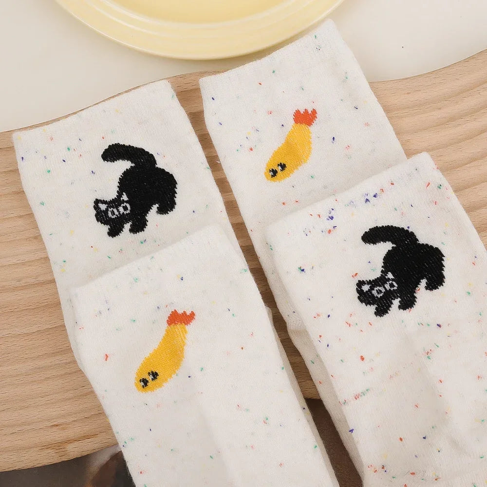 1/2pairs Cartoon Cat Fish Pattern Middle Tube Socks Soft Thermal Warm Crew Sock