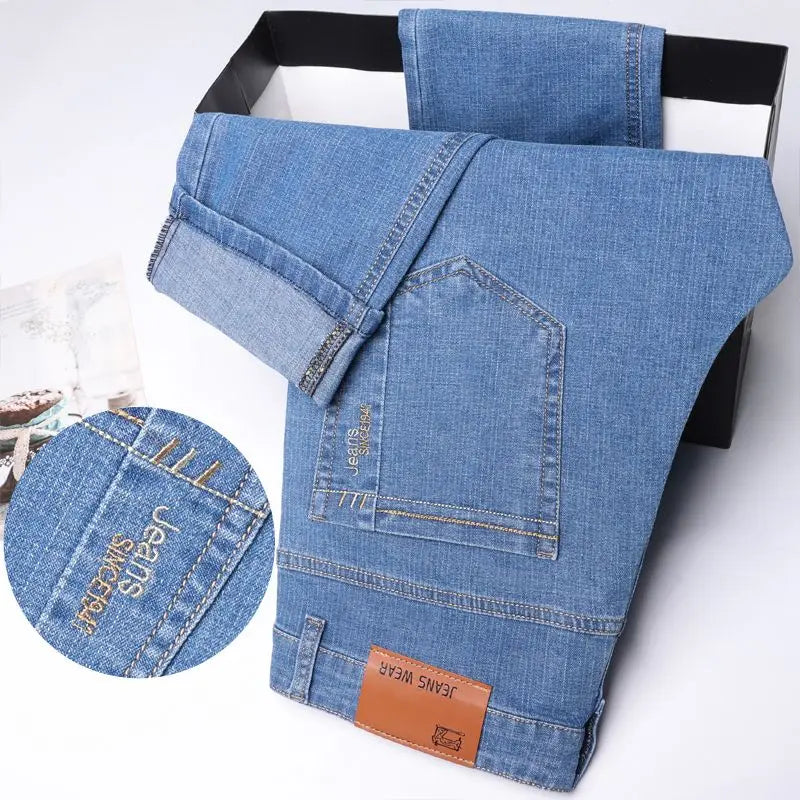 Summer Thin Men's Elastic Cotton Blue Jeans Comfortable Straight Casual Wear Pants