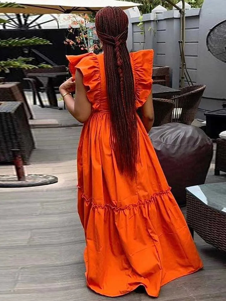 Elegant Long Casual Women Knitted Ruffle Sleeves Dress