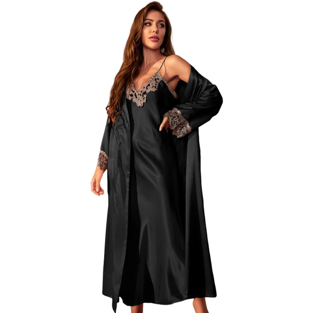 Women Silk Nightgown Set Spring Summer Kimono Bathrobe