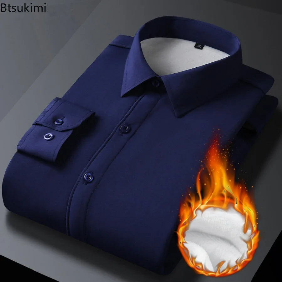 Men's Autumn Winter Long Sleeve Shirts Warm Fleece Stretch Shirt
