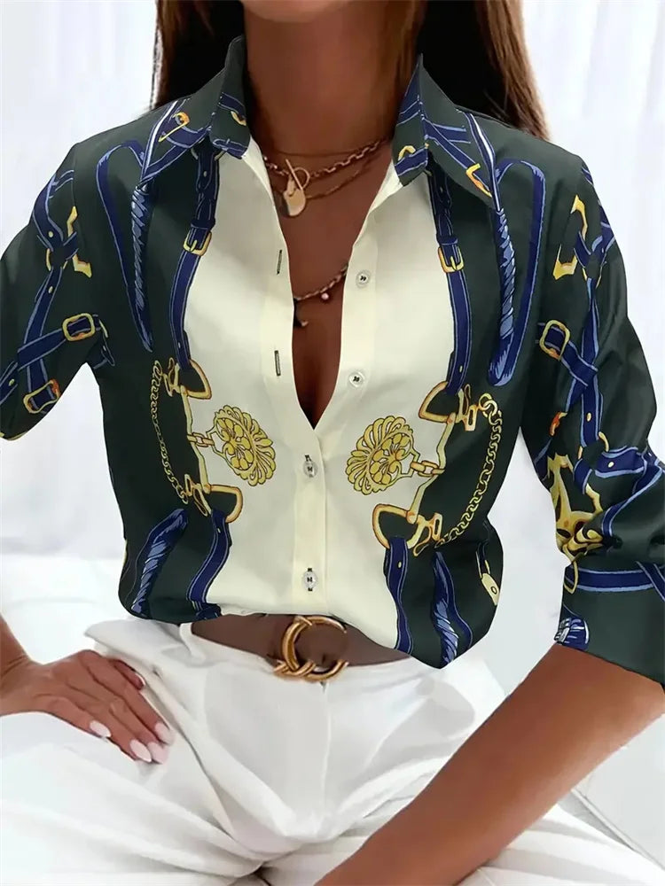 Elegant Printed Pattern Button Long Sleeve Women's Shirts