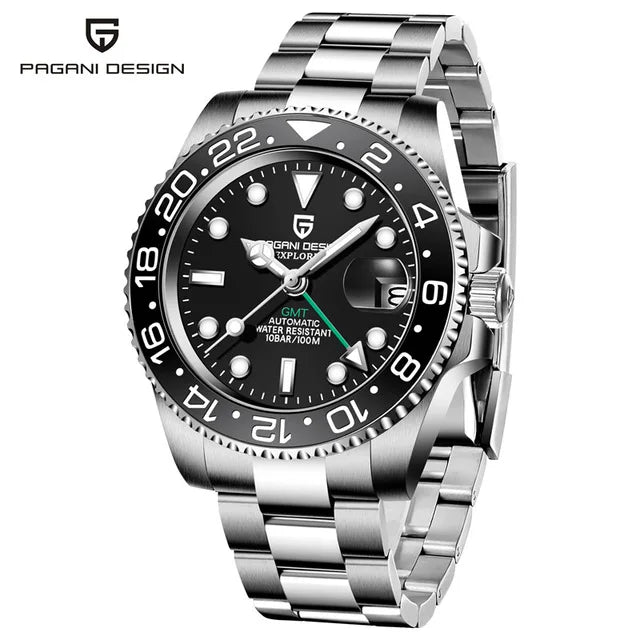 Luxury GMT Men's Mechanical Wristwatch Sapphire Glass Stainless Steel 100M Waterproof Automatic