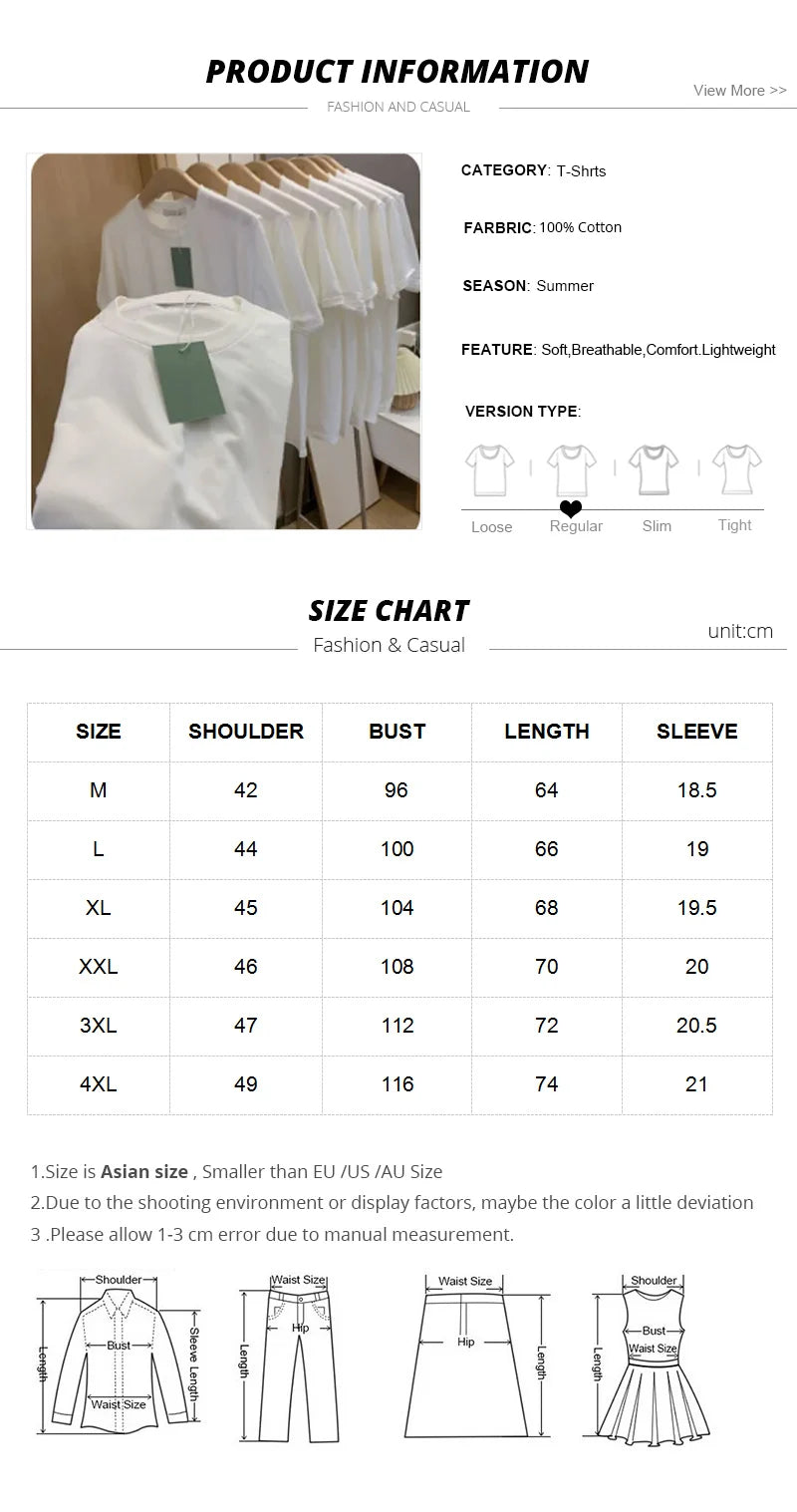 Summer 100% Cotton Regular-Fit Women Crew Neck Basic White T-Shirts