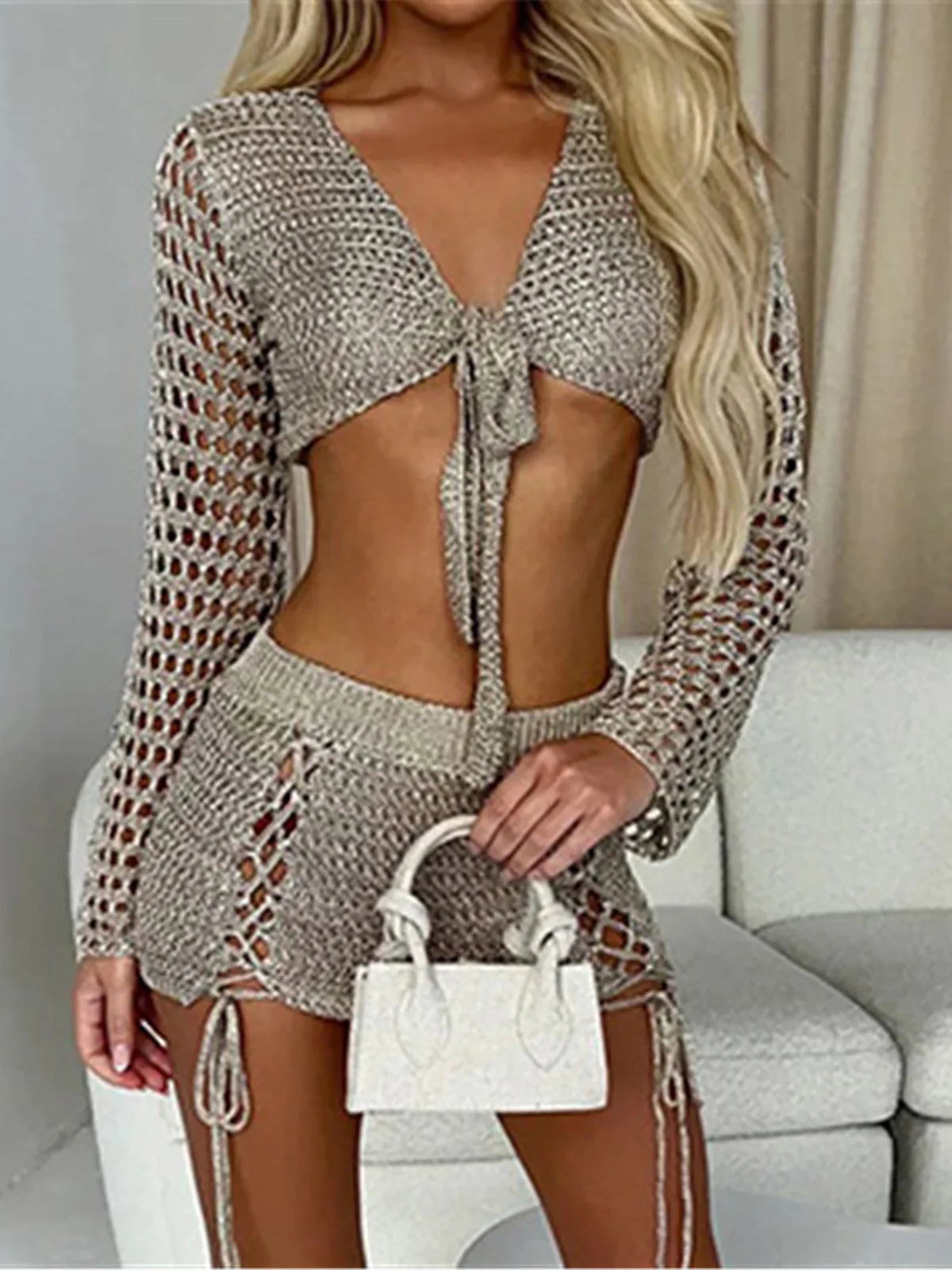 Long Sleeve Crochet Knitted Tunic Beach Cover Up