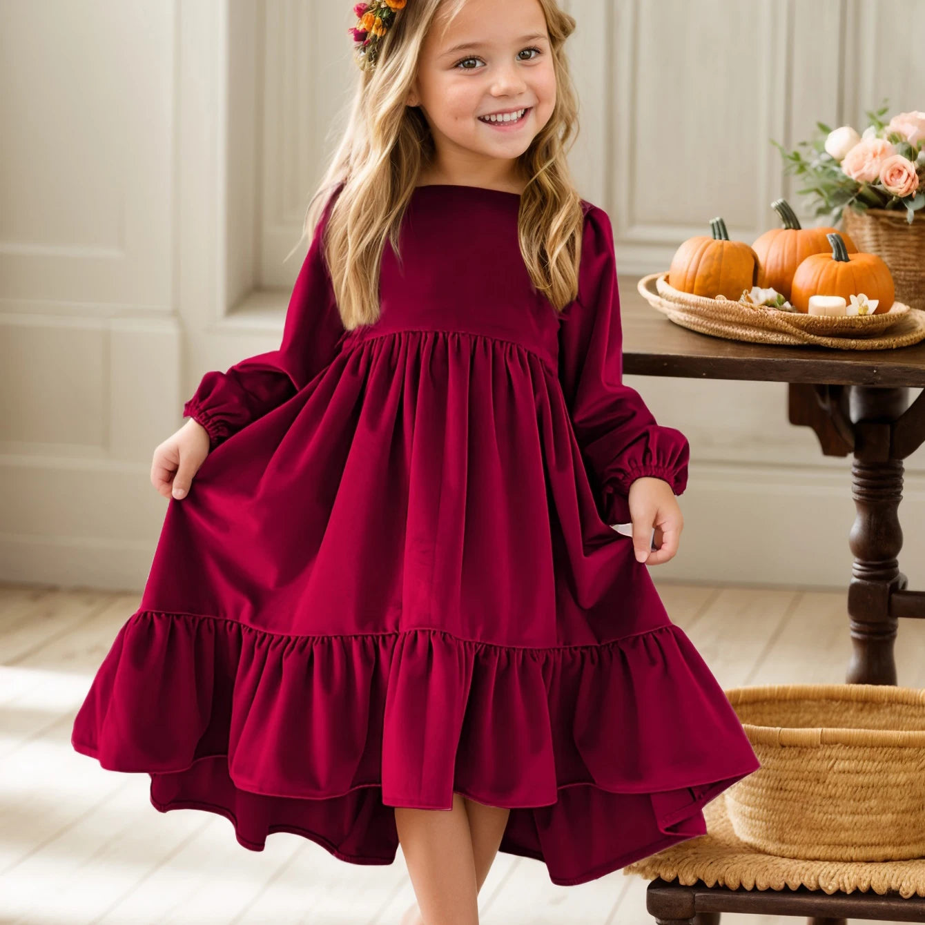Girl Velvet Long Sleeve Ruffle Hem Dress