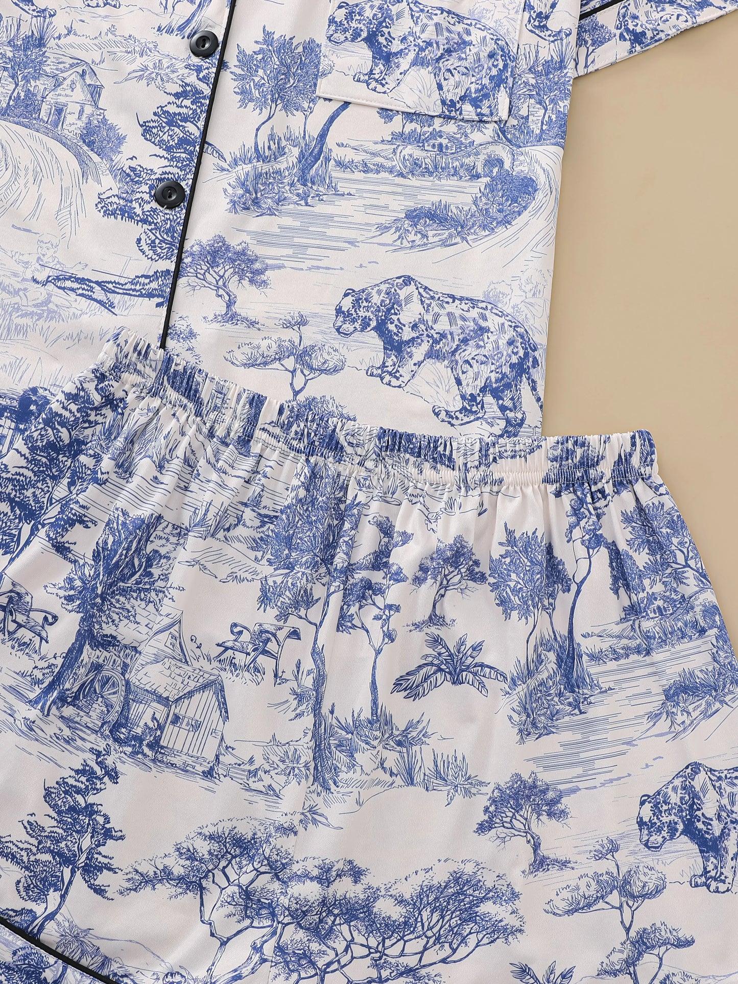 Natural animal print comfortable pajama set short-sleeved lapel top and elasticated waistband shorts loungewear