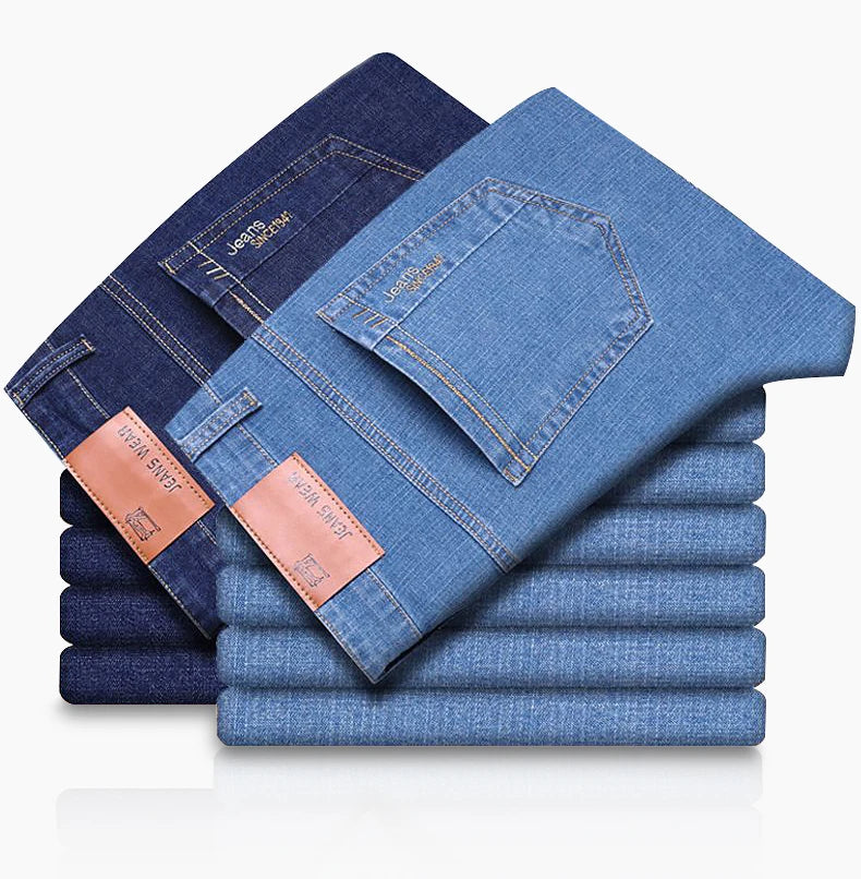 Summer Thin Men's Elastic Cotton Blue Jeans Comfortable Straight Casual Wear Pants