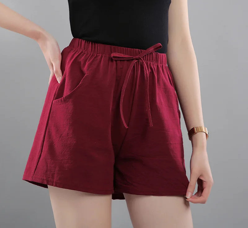 Women Summer Shorts Korean Wide Leg Casual Solid Drawstring Elastic Waist Cotton