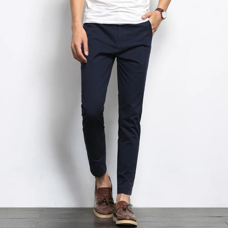 Summer Men's Fashions Solid Color Casual Pants Straight Elastic Ankle-Length