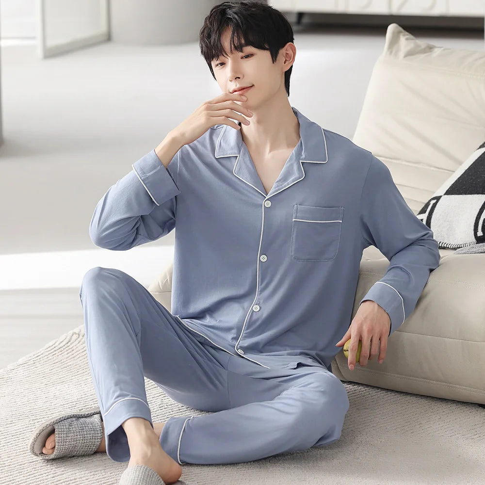 Autumn Men's Pajamas Sets Long Sleeve Modal Cotton Thin Teenage Boys' Large Size Spring Outwear Home Cloth Suit Sleepwear Male