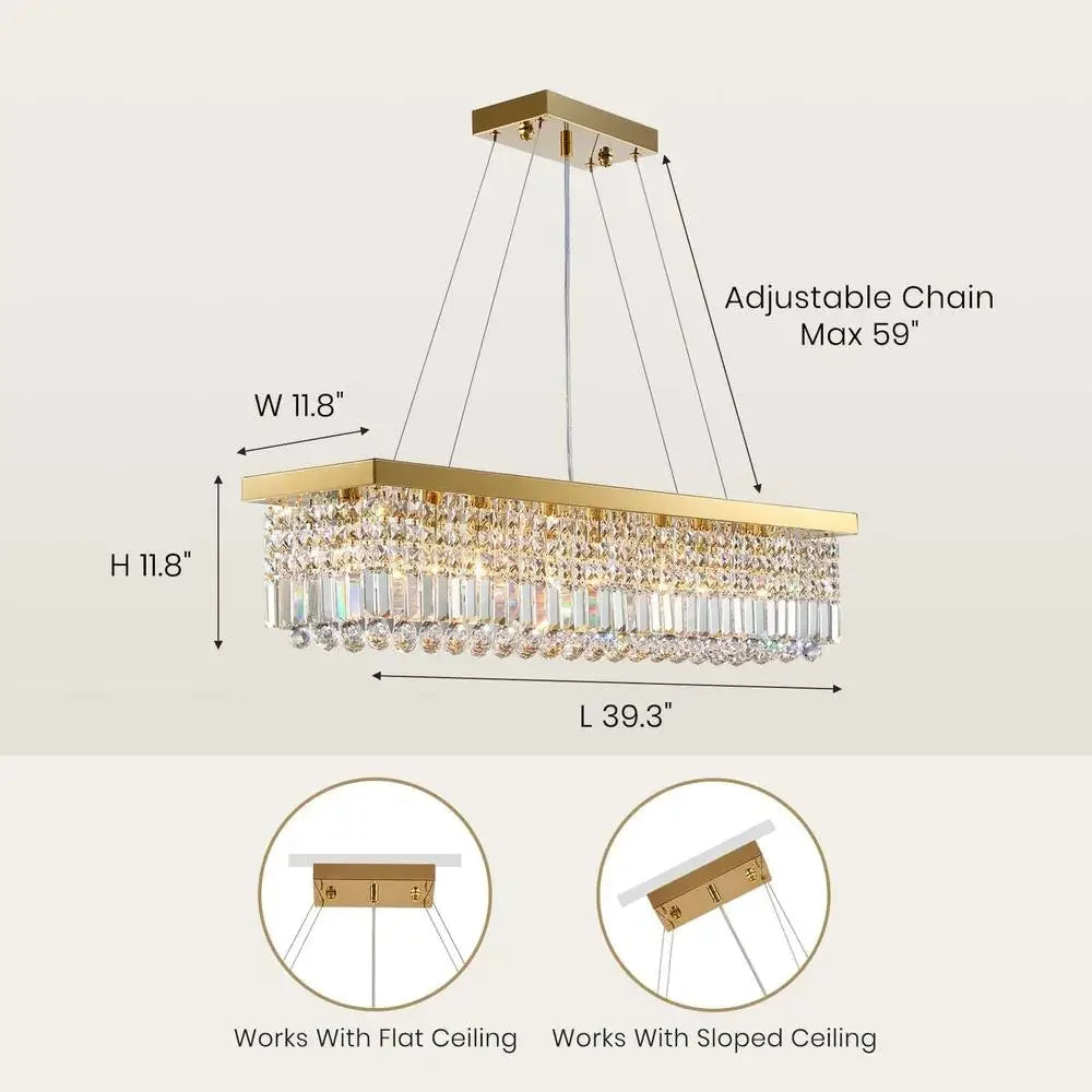 Modern Rectangular Gold Crystal Chandelier Pendant Light Fixture Dining Kitchen Island E12 Bulb 8-Light Adjustable Chain