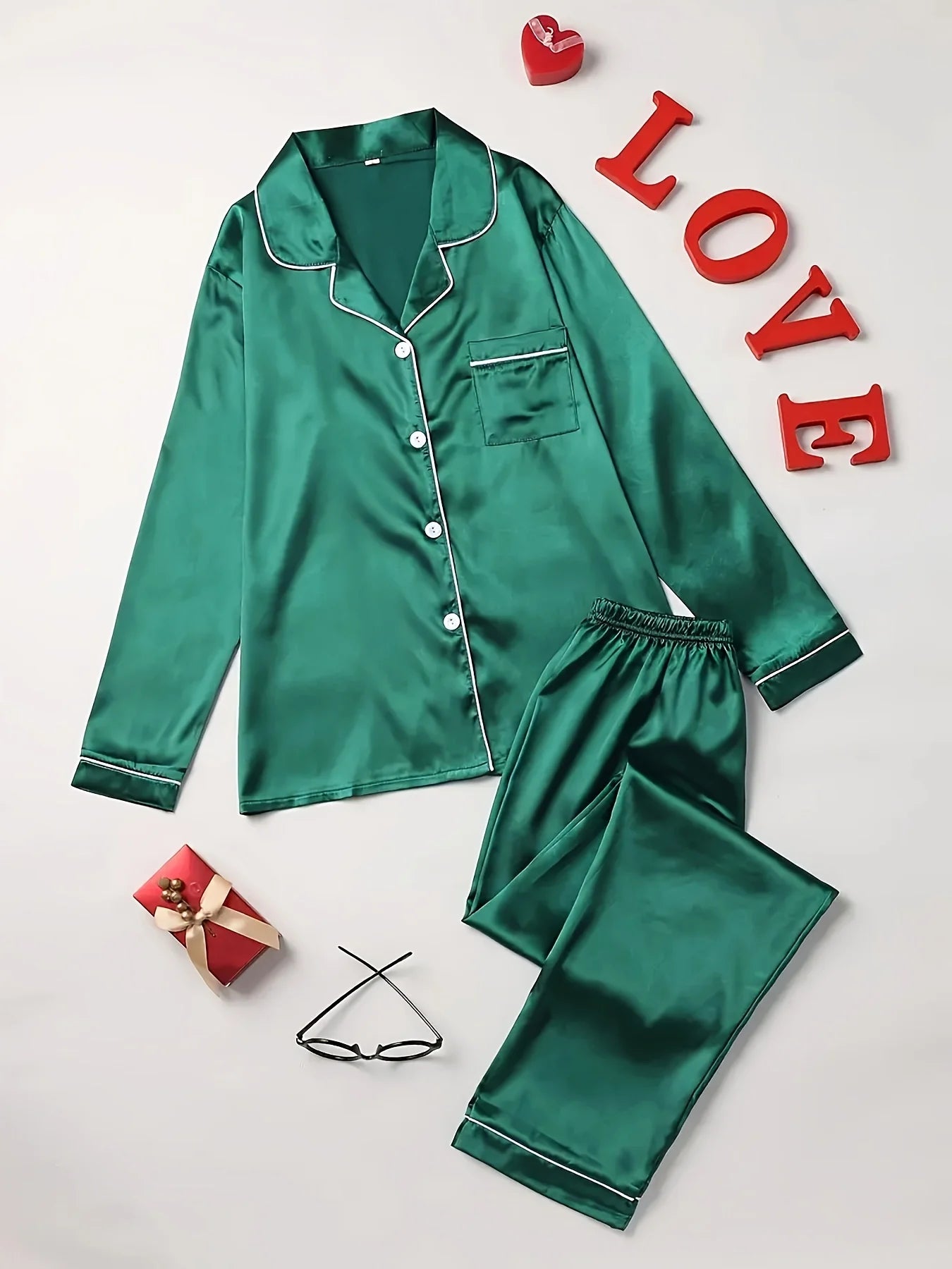 Women Solid Pajama Set Long Sleeve Button Up Lapel Top & Pants