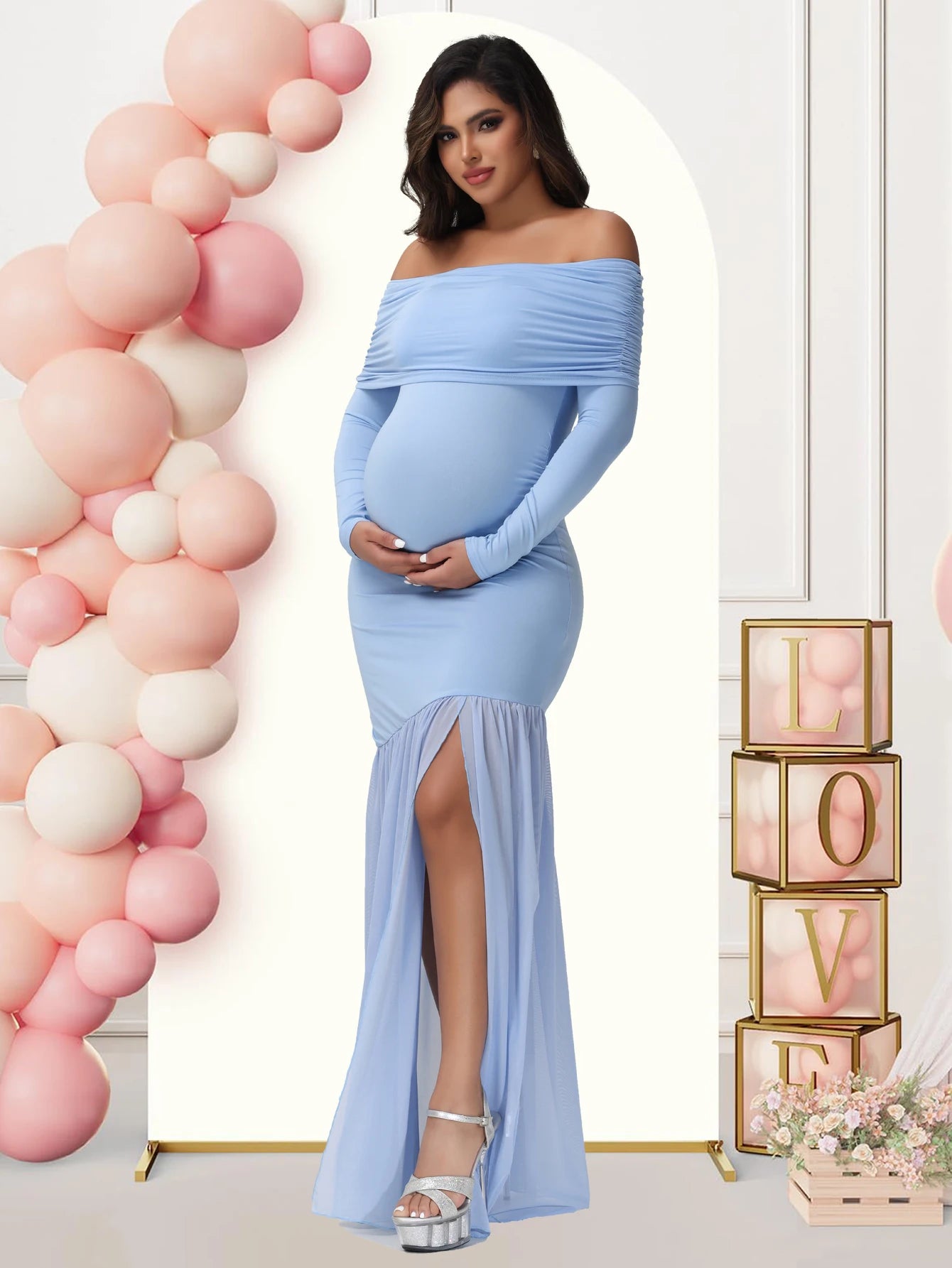 Elegant Maternity Gown Photoshoot Party Dress Off-Shoulder Slits Fishtail Hem