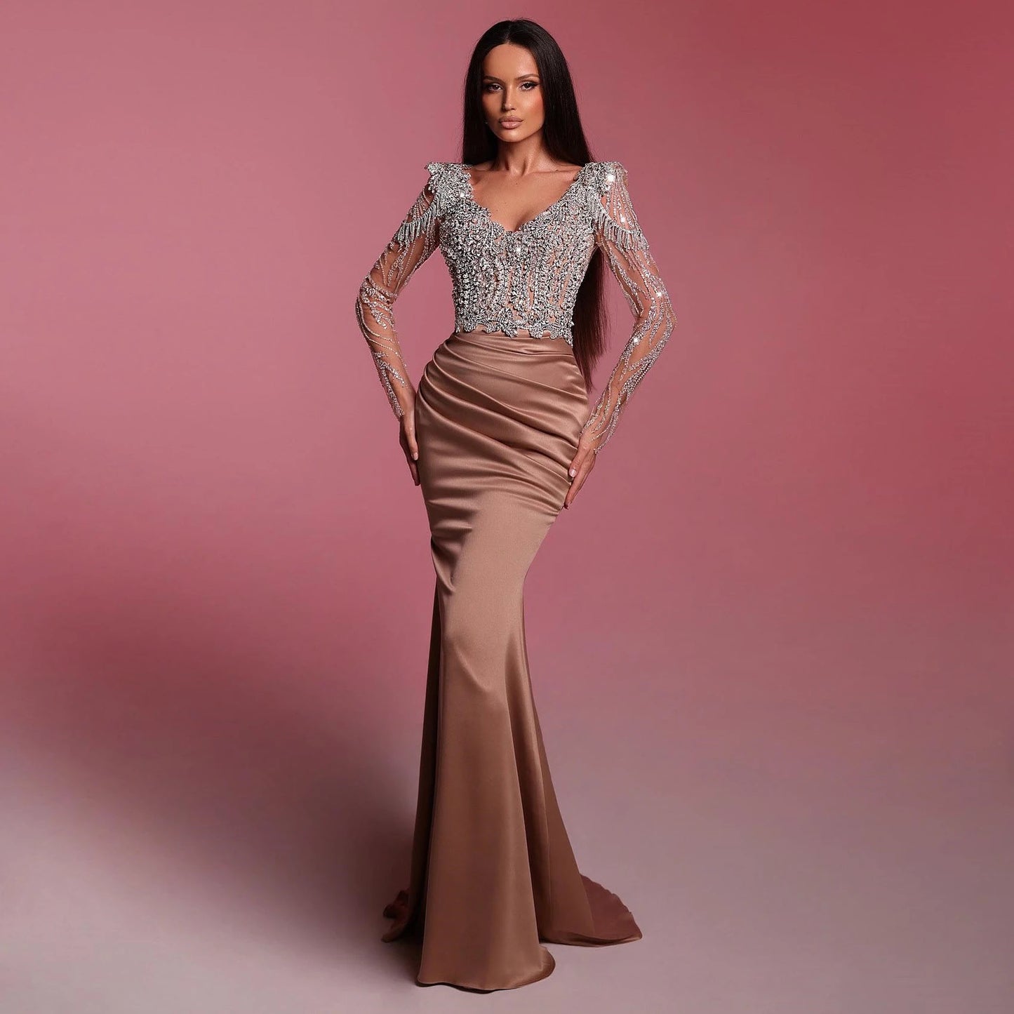 Elegance Silk Satin Long Mermaid Dresses with Luxury Rhinestone Pearls