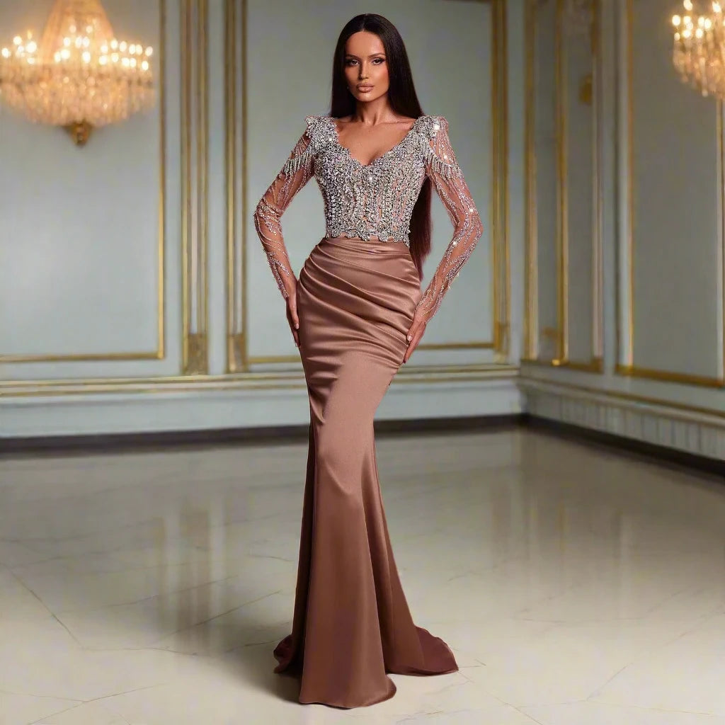Elegance Silk Satin Long Mermaid Dresses with Luxury Rhinestone Pearls