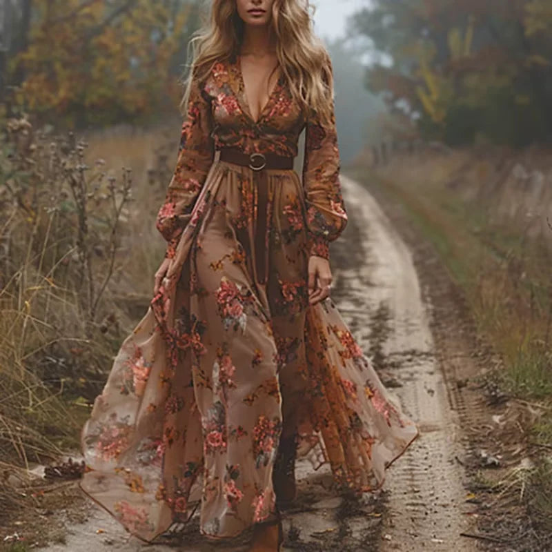 Elegant Boho Long Sleeved Women's Dress Casual V-neck High Waist