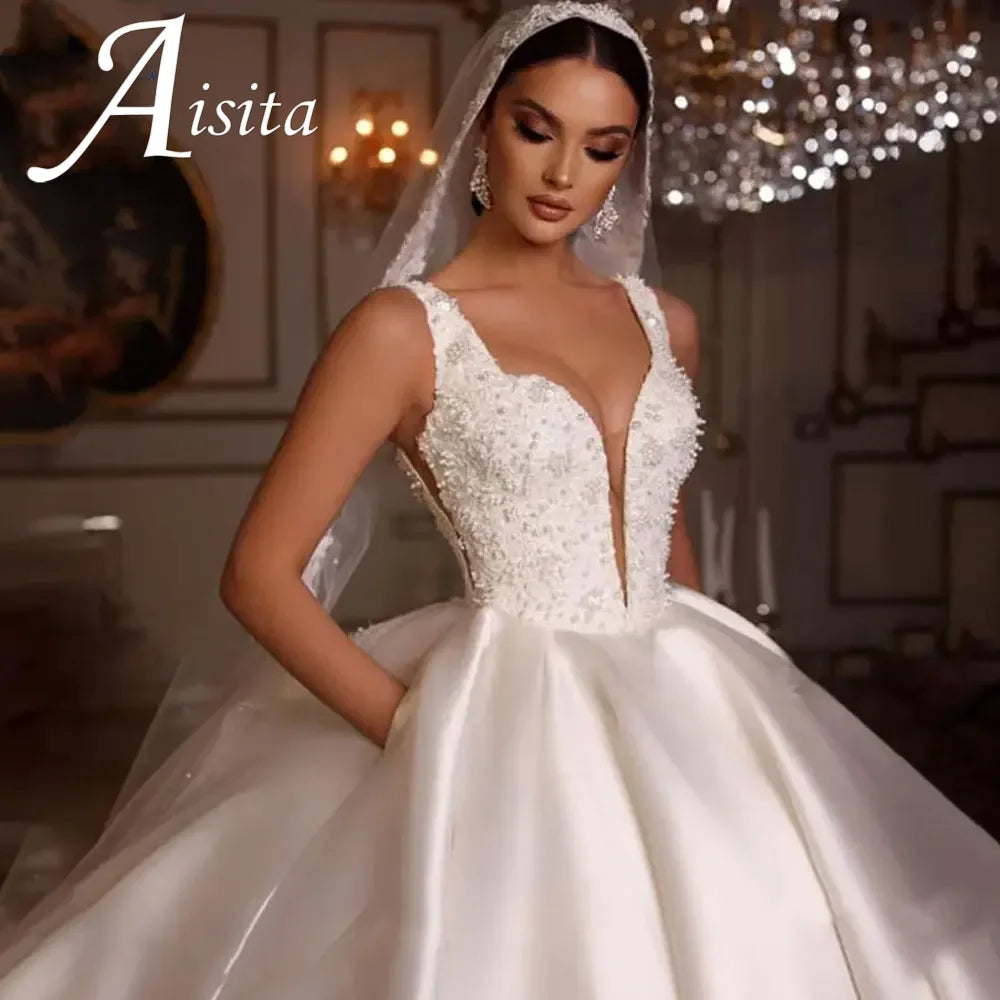 Customized Off The Shoulder Sweetheart Sequins Applique Bridal Wedding Gown