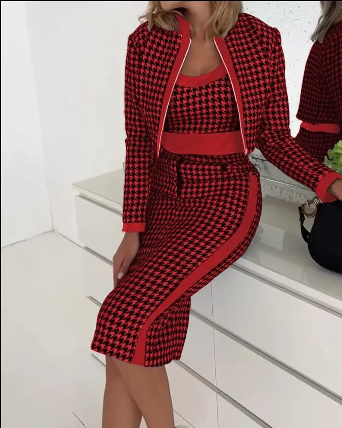 Elegant Print Dress With Coat Suit Two Piece Set