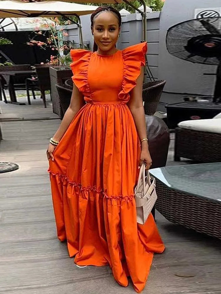 Elegant Long Casual Women Knitted Ruffle Sleeves Dress