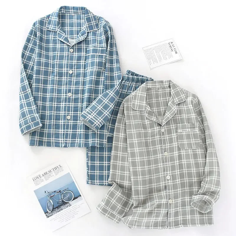 Men's Pajamas Sets Long-sleeved Cardigan Tops and Trousers 100% Cotton Double Gauze Lattice Sleepwear