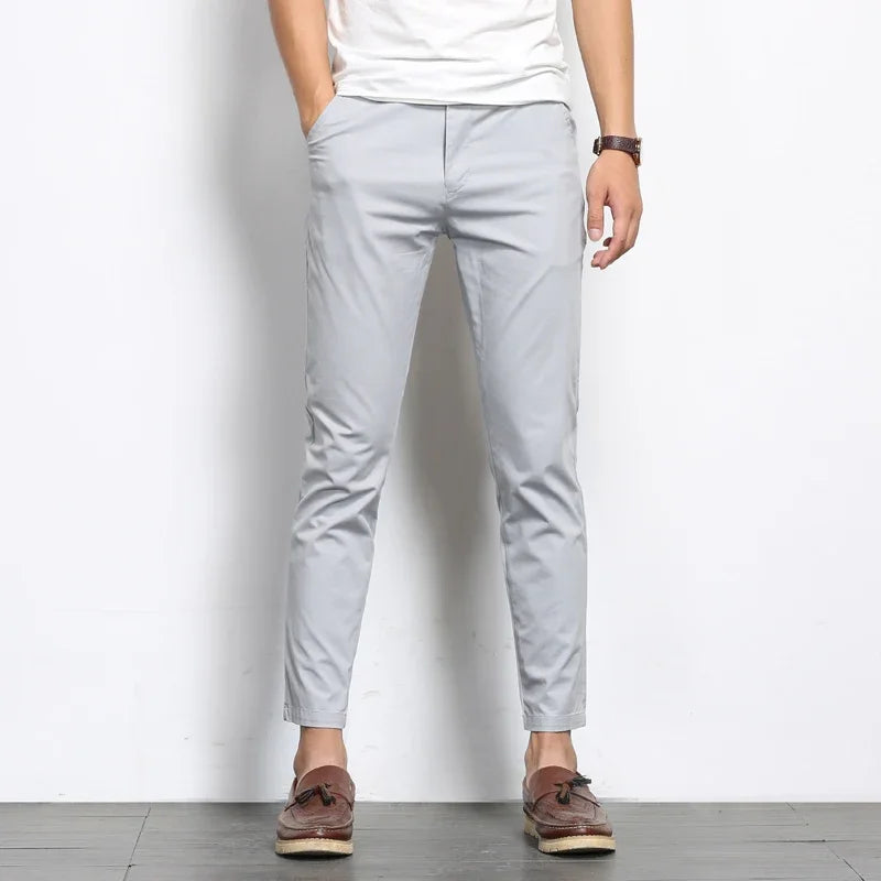 Summer Men's Fashions Solid Color Casual Pants Straight Elastic Ankle-Length