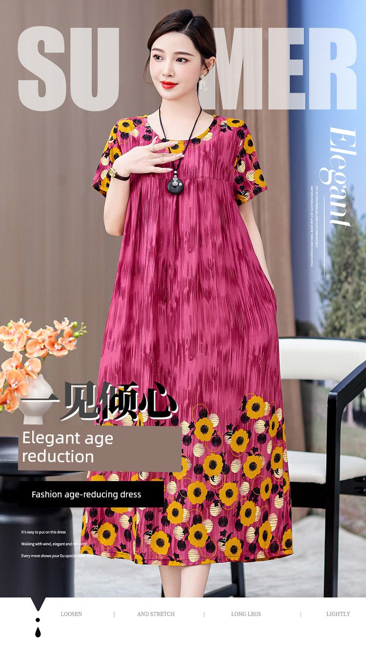 Noble over-the-Knee Middle-Aged Ladieswear Large Swing Noil Poplin Dress