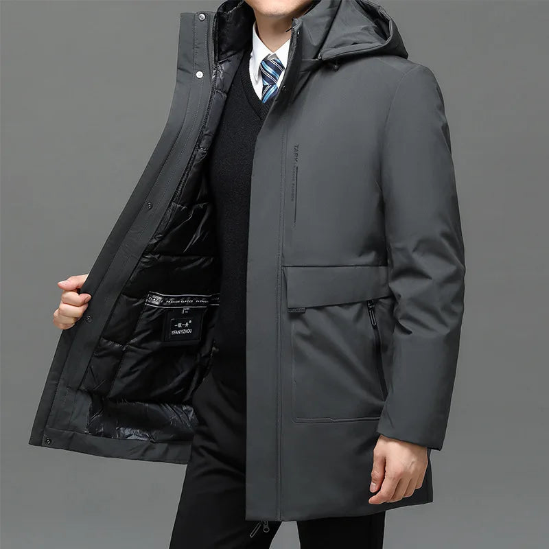 Men's Thick Winter Parka with Big Hood Warm Water/Windproof Casual Jacket White Duck down Filling Zip Closure Long Style