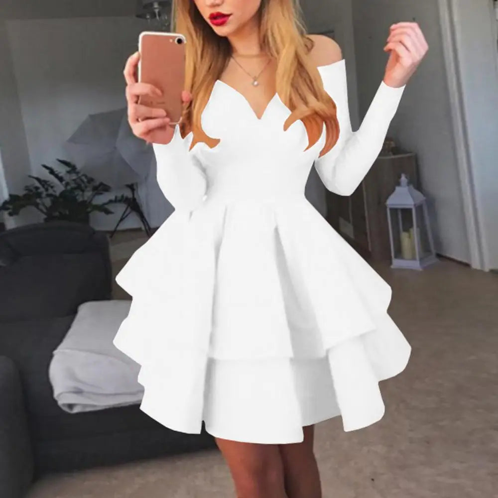 Elegant Women Long Sleeve V Neck Off Shoulder Swing Ruffled Hem Mini Dress