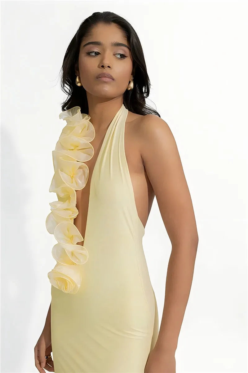 Mesh Rose Deep V Neck Sexy Maxi Dress For Women
