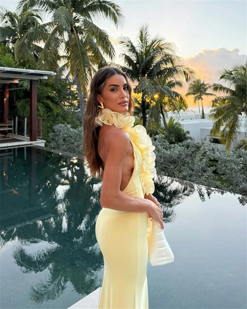 Mesh Rose Deep V Neck Sexy Maxi Dress For Women