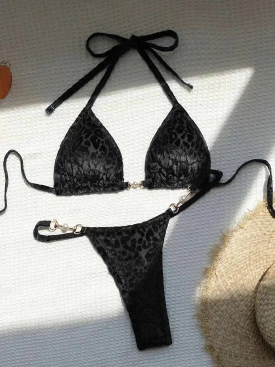 Sexy Leopard Velvet Bikini Bra Thong Swimwear Two-piece