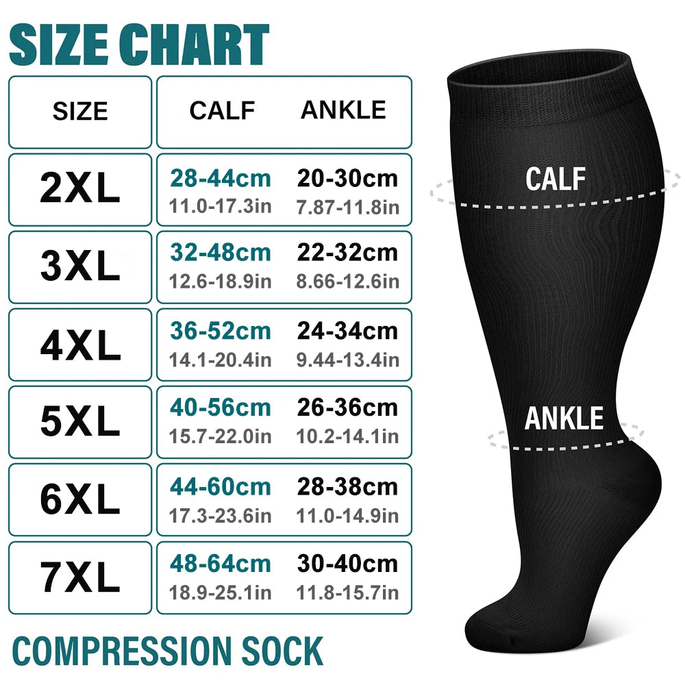 1 Pair 2XL-7XL Large Size Compression Socks for Women and Men 20-30 MmHg Wide Calf Knee Stockings for Sports Running Yoga