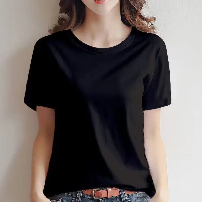 Summer 100% Cotton Regular-Fit Women Crew Neck Basic White T-Shirts