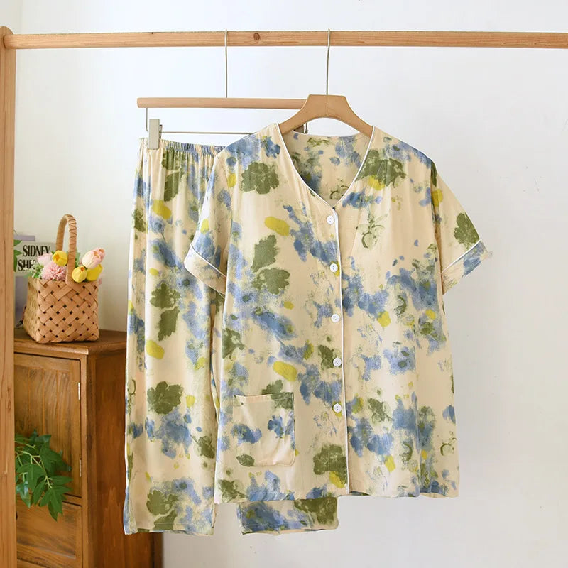 Thin Summer Floral Woman Pajama Sets Nightwear Top and Pants