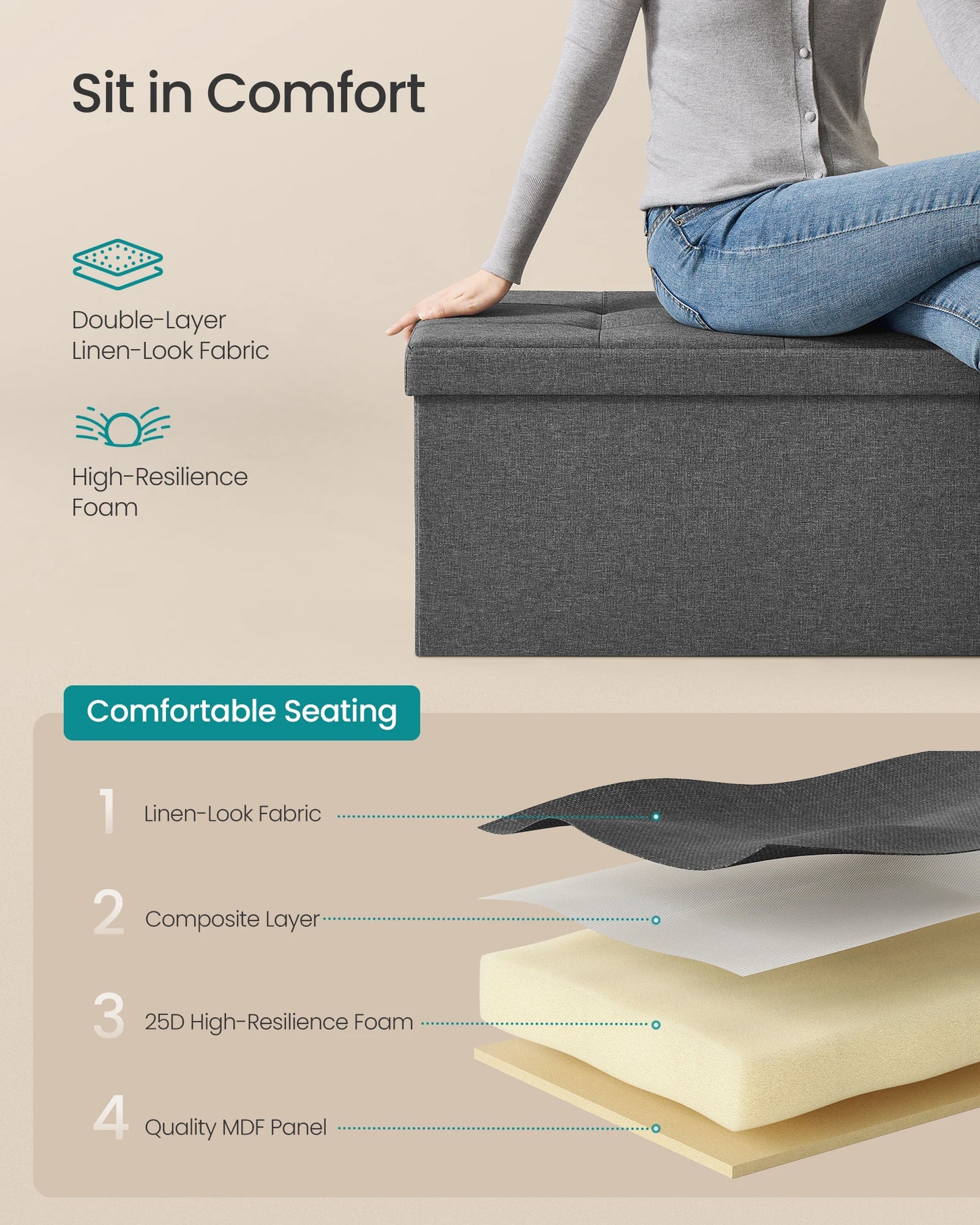 Mazie Collection - 43 Inches Folding Storage Ottoman Bench, Ottoman Foot Rest, End of Bed Bench, Storage Chest