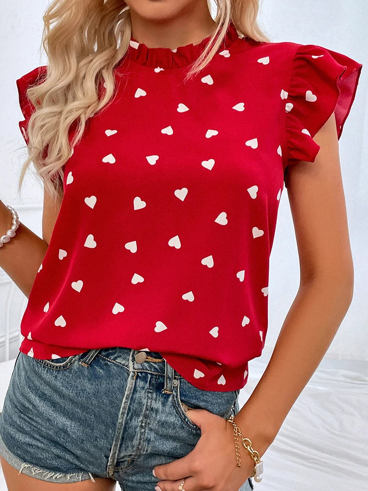 Fashion Chiffon Print Women's Shirt Ruffle Short Sleeve