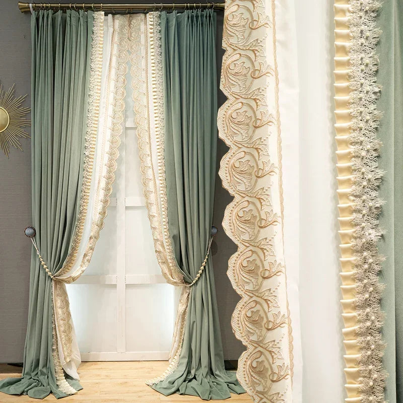 Luxury Turquoise Velvet Embroidered French Window Curtains Romantic Lace