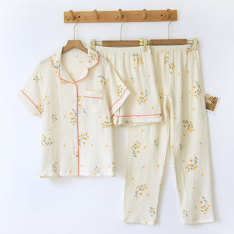 Summer women's cotton crepe three-piece short sleeve + shorts + trousers large size simple flower pajamas