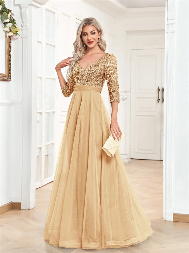 Luxury Floor Length V-Neck Evening Dress Party Maxi Dress Sequin Short Sleeves Prom Cocktail Gown