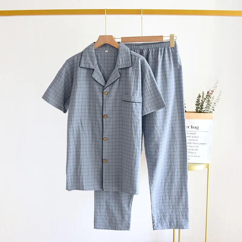 Men's Pajamas Summer Thin Short-sleeved Shorts Cotton Plaid