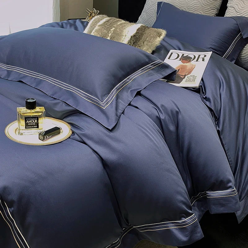 Luxury Three-line Embroidery Solid Color 1000TC Egyptian Cotton Bedding Set Duvet Cover Bed Sheet/Fitted Sheet Pillowcases 4Pcs