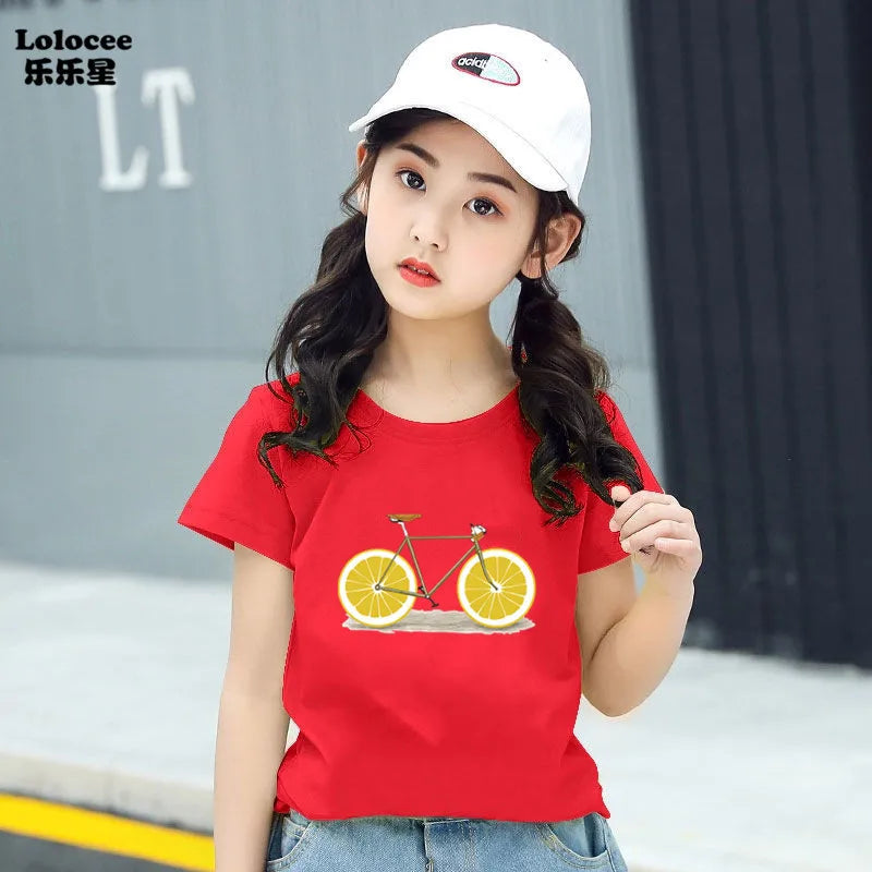 Kids T Shirt Cute Lemon Fruit Cartoon Bike Printed Tops Tee Short Sleeve Graphic Summer Fashion Boy Girl Clothing Unisex T-shirt