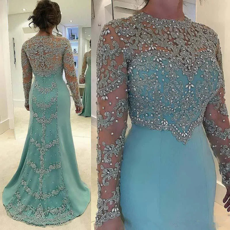 Crystal Beaded Appliques Mermaid Dress Wedding Party Dress Long Sleeves Formal Party Dresses