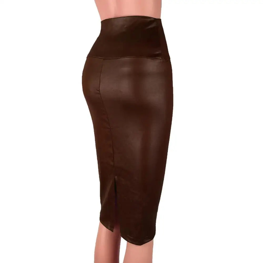 Elegant High Waist Split Faux Women Leather Pencil Skirt Knee Length