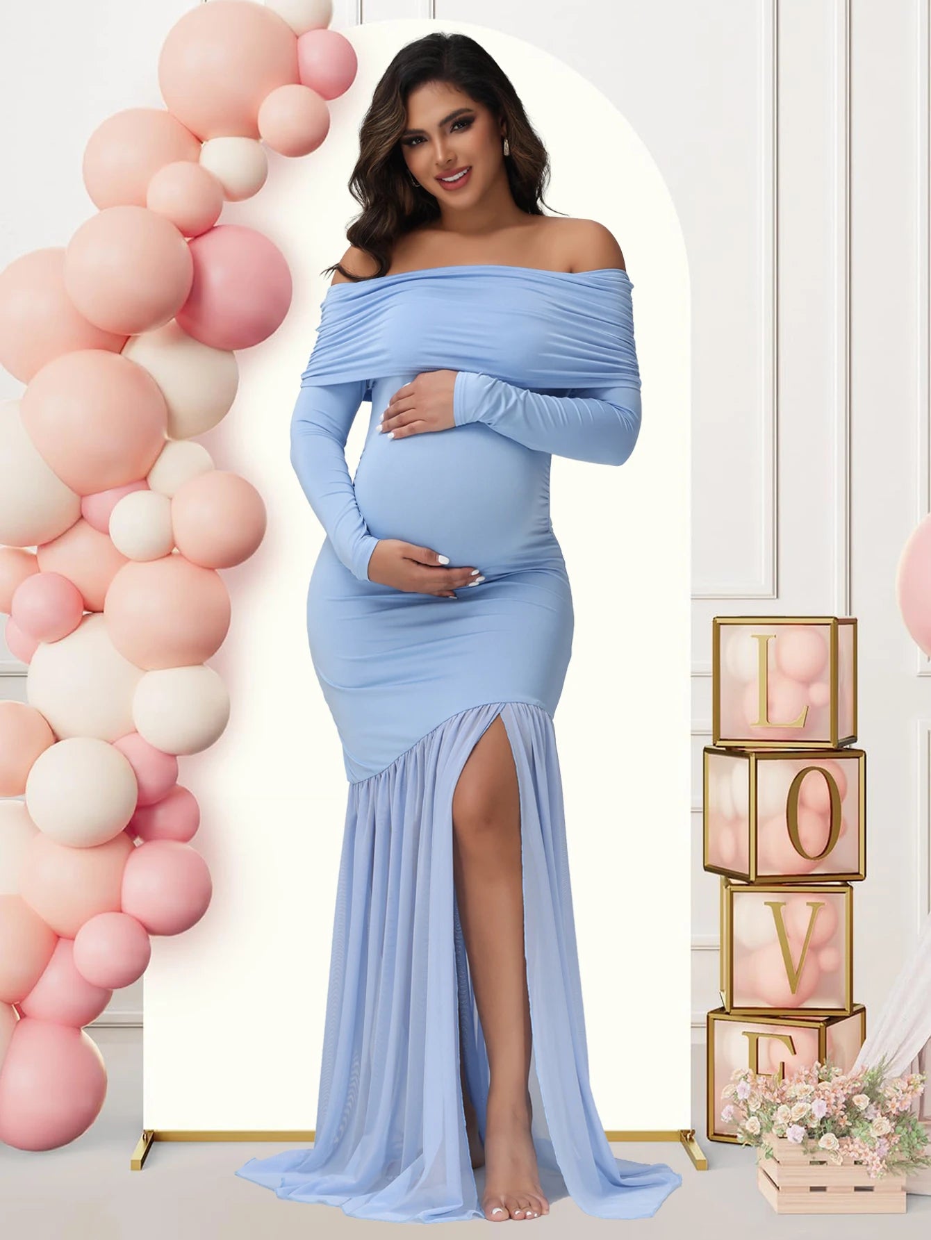Elegant Maternity Gown Photoshoot Party Dress Off-Shoulder Slits Fishtail Hem